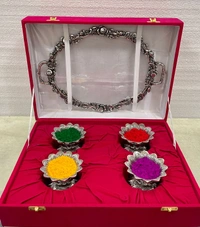 Handcrafted SILVER Metal tray With 4 Pcs Kamal Bowl Combo gifts hamper Holi / Home ceremony /Marriage with velvet box