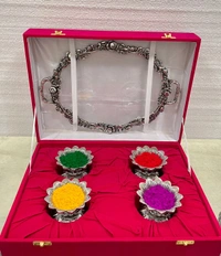 Handcrafted SILVER Metal tray With 4 Pcs Kamal Bowl Combo gifts hamper Holi / Home ceremony /Marriage with velvet box