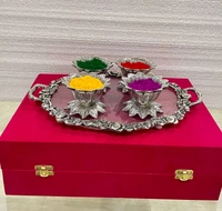 Handcrafted SILVER Metal tray With 4 Pcs Kamal Bowl Combo gifts hamper Holi / Home ceremony /Marriage with velvet box