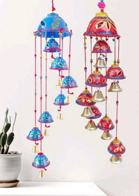 Handcrafted Rajasthani Wooden Wind Chimes With 7 Metal  Bells For Indoor and Outdoor Hanging - Cornflower Blue