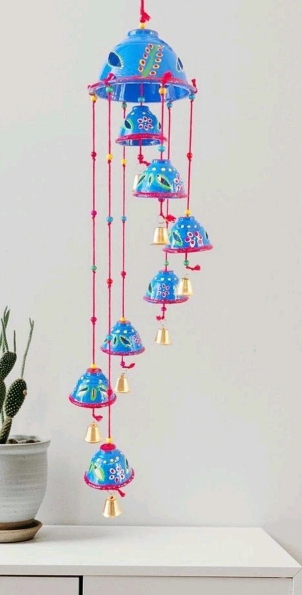 Handcrafted Rajasthani Wooden Wind Chimes With 7 Metal  Bells For Indoor and Outdoor Hanging - Cornflower Blue