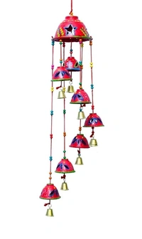 Handcrafted Rajasthani Wooden Wind Chimes With 7 Metal  Bells For Indoor and Outdoor Hanging - Cornflower Blue