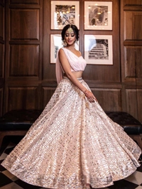 PartyWear Ready To Wear Sequins Embroidery Bridal Look Lahenga For Bridesmaid In Indowestern Style Co-ord With Heart Shape Fully Stitched Blouse For Stunning Evening Cocktail Party/Reception and Sangeet Function.