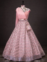 PartyWear Ready To Wear Sequins Embroidery Bridal Look Lahenga For Bridesmaid In Indowestern Style Co-ord With Heart Shape Fully Stitched Blouse For Stunning Evening Cocktail Party/Reception and Sangeet Function.