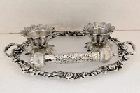 Metal Silver Plated Kamal Shape pair Bowl With Oval Tray Makar Sankriti & Gifting Combo - 9.5×6×9.5, Oval Tray