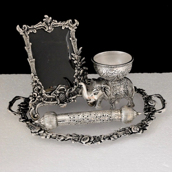 Metal Silver Plated Kamal Shape pair Bowl With Oval Tray Makar Sankriti & Gifting Combo - 9.5×6×9.5, Combo With Photo Frame With Peacock Box