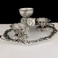 Metal Silver Plated Kamal Shape pair Bowl With Oval Tray Makar Sankriti & Gifting Combo - 9.5×6×9.5, Oval Tray