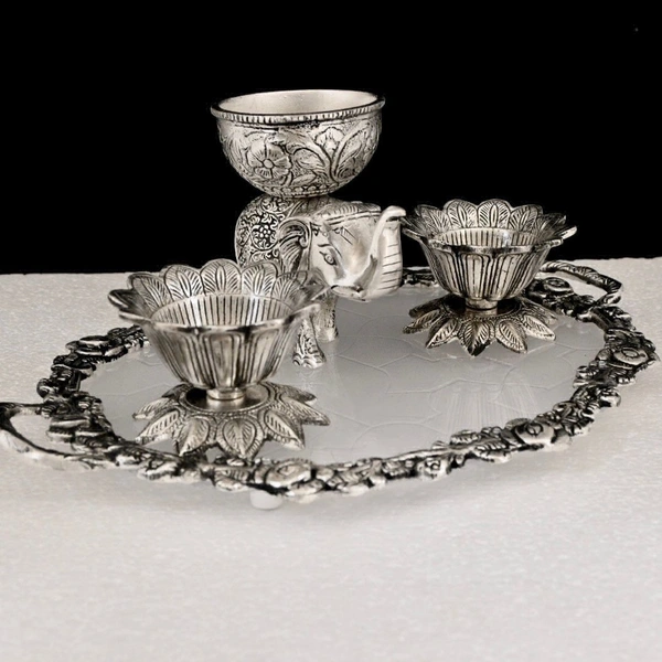 Metal Silver Plated Kamal Shape pair Bowl With Oval Tray Makar Sankriti & Gifting Combo - 9.5×6×9.5, Combo With Elephant Bowl