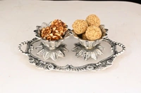 Metal Silver Plated Kamal Shape pair Bowl With Oval Tray Makar Sankriti & Gifting Combo - 9.5×6×9.5, Combo With Kamal Shape BOWL