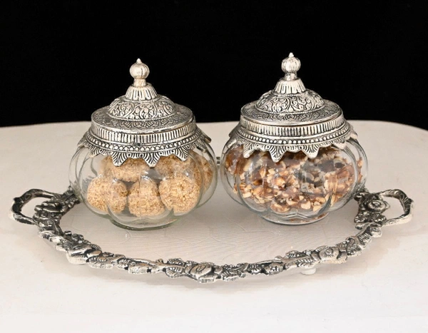 Metal Silver Plated Kamal Shape pair Bowl With Oval Tray Makar Sankriti & Gifting Combo - 9.5×6×9.5, Combo With Glass Jar