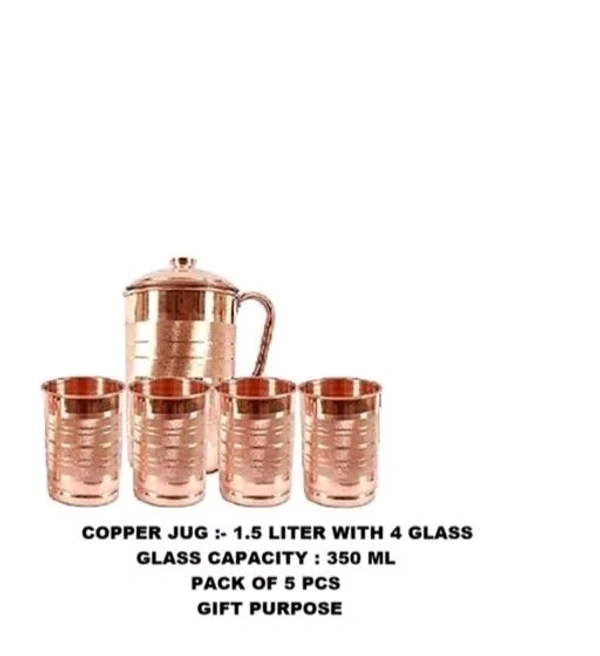 Royal utensils Copper Jug 1.5 ML With 4 Copper Glass Set For Daily USE / Gift Purpose