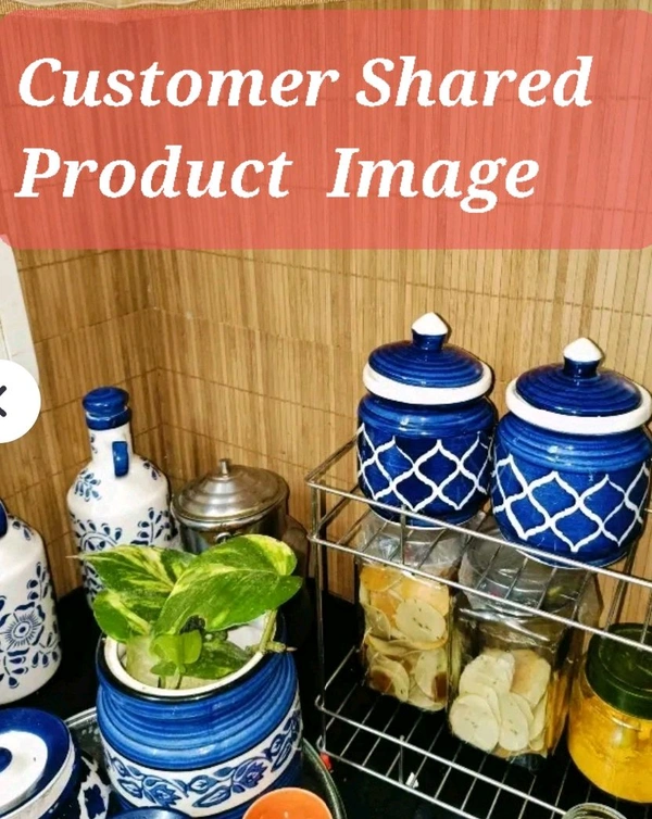 Handcrafted Morrocon Ceramic Achar Pickle Jar/Barni with Lid - Blue, Ceramic