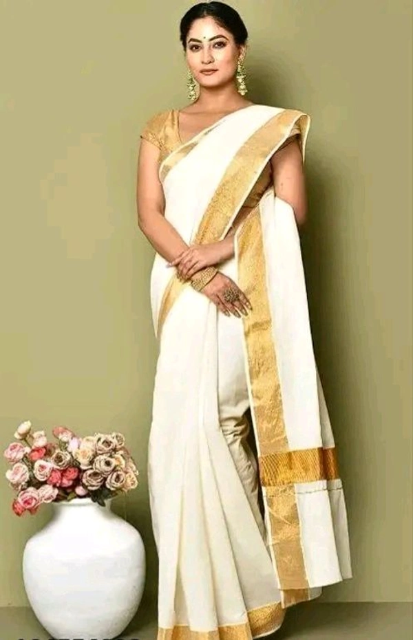 KERALA KASAVU TRADITIONAL PLAIN COTTON CREAM COLOR SAREE WITH BEST QUALITY 2 BY 3 INCHES ZARI IN PALLU Saree - White, Cotton