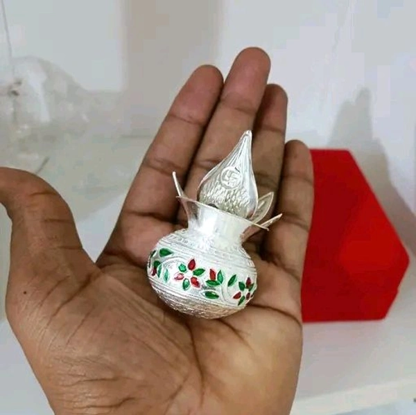 Petite German Silver Pooja kalash With Nariyal & Leaf - Meenakari