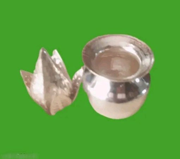 Petite German Silver Pooja kalash With Nariyal & Leaf - Meenakari