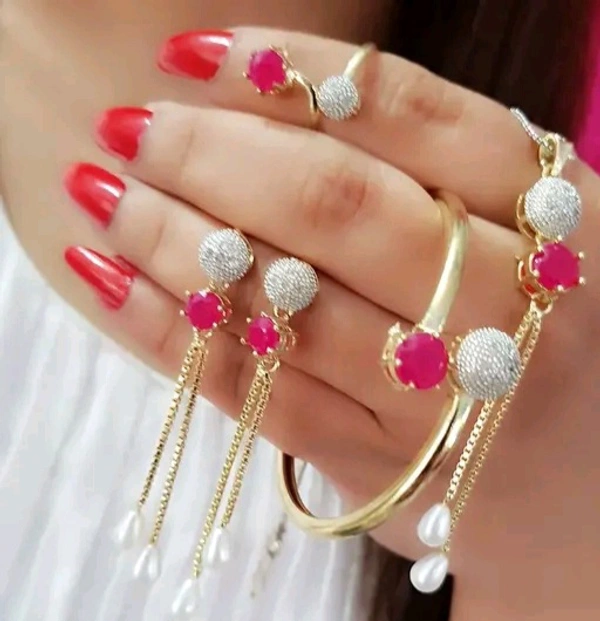 Beautiful Beads & Ruby Stone Work American dimond Pendent with Chain Jwellery - Free Size, Pink Stone, Alloy, Multipack of1