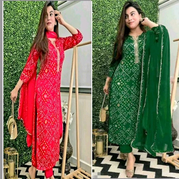 Women Lehriya Print Straight Kurta Palazzo With Dupatta - M, Deep Pink