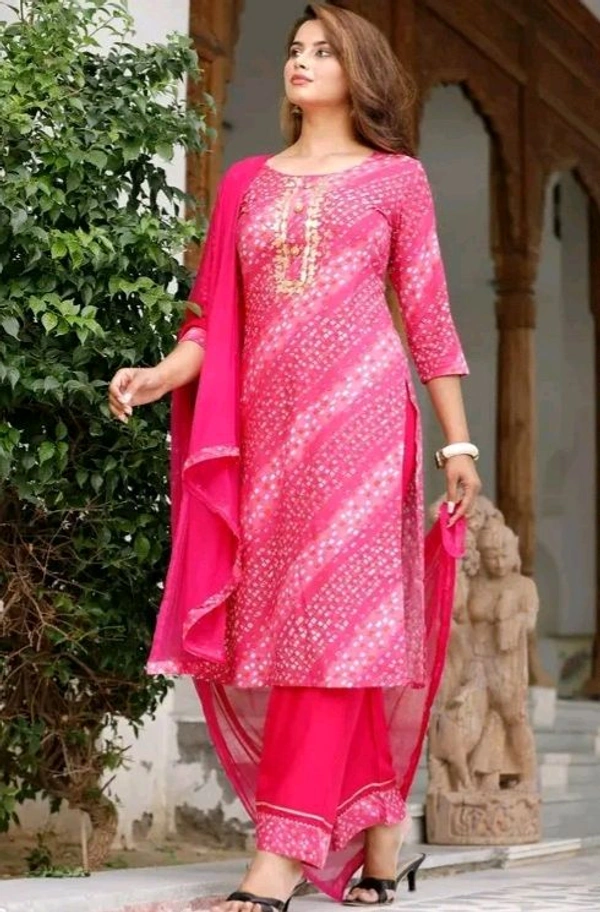 Women Lehriya Print Straight Kurta Palazzo With Dupatta - L, Deep Pink