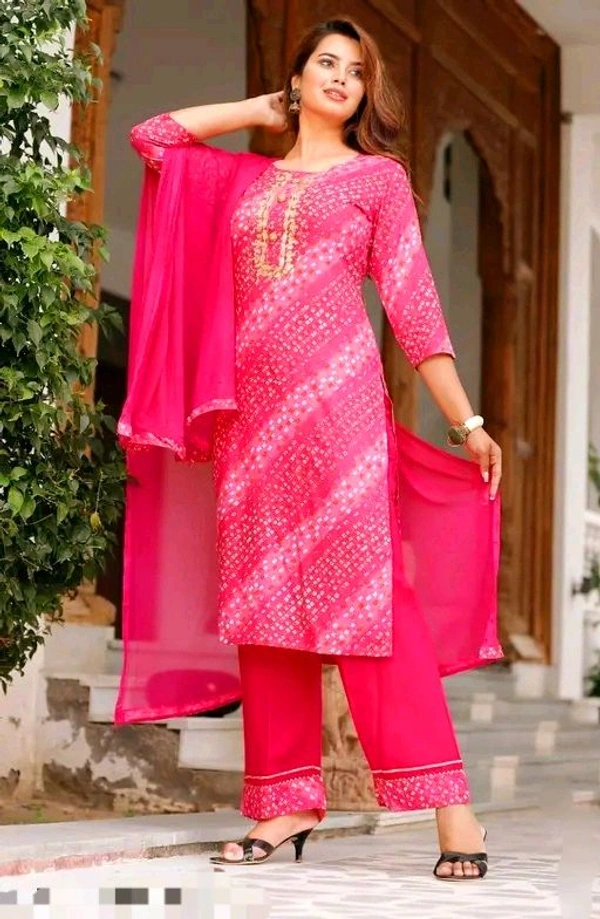 Women Lehriya Print Straight Kurta Palazzo With Dupatta - L, Deep Pink