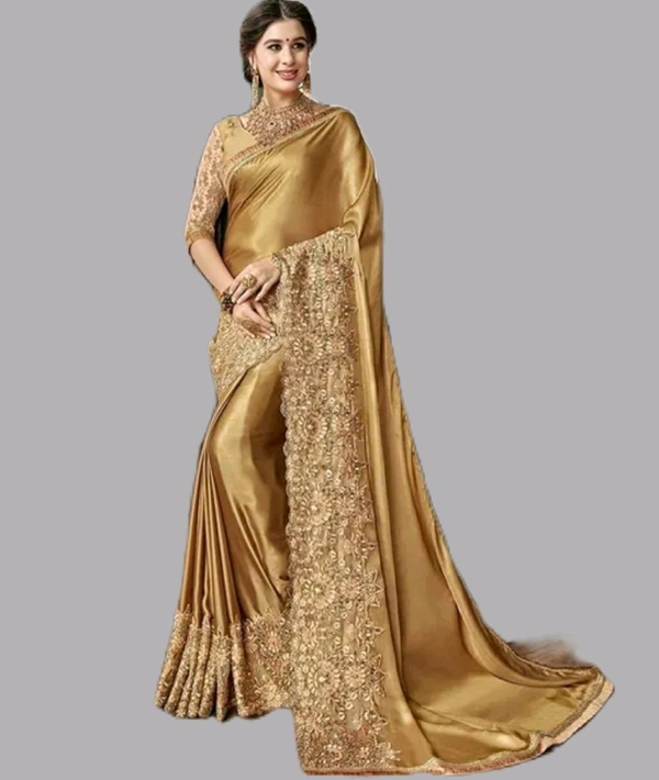 Golden Colour Saree Party Wear – Women Golden Embroidered Saree with Heavy Border for Wedding