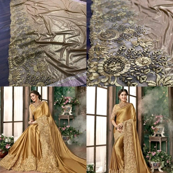 Golden Colour Saree Party Wear – Women Golden Embroidered Saree with Heavy Border for Wedding