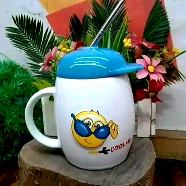 White Ceramic Milk and Coffee Mug with Cap and Straw For Gifting - White, Smiley