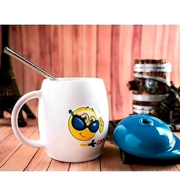 White Ceramic Milk and Coffee Mug with Cap and Straw For Gifting - White, Smiley