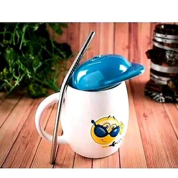 White Ceramic Milk and Coffee Mug with Cap and Straw For Gifting - White, Smiley