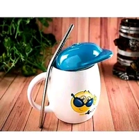 White Ceramic Milk and Coffee Mug with Cap and Straw For Gifting - White, Smiley