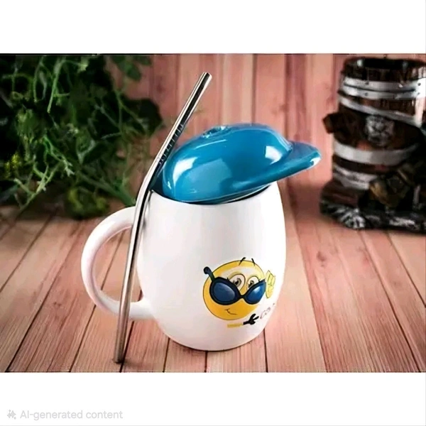 White Ceramic Milk and Coffee Mug with Cap and Straw For Gifting - White &Yellow, Smiley