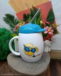 White Ceramic Milk and Coffee Mug with Cap and Straw For Gifting - White &Yellow, Smiley