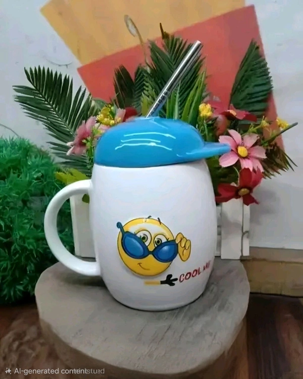 White Ceramic Milk and Coffee Mug with Cap and Straw For Gifting - White &Yellow, Smiley