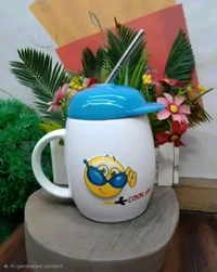 White Ceramic Milk and Coffee Mug with Cap and Straw For Gifting - White &Yellow, Smiley