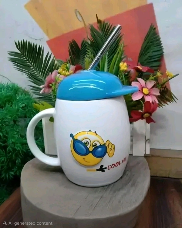 White Ceramic Milk and Coffee Mug with Cap and Straw For Gifting - White &Yellow, Smiley