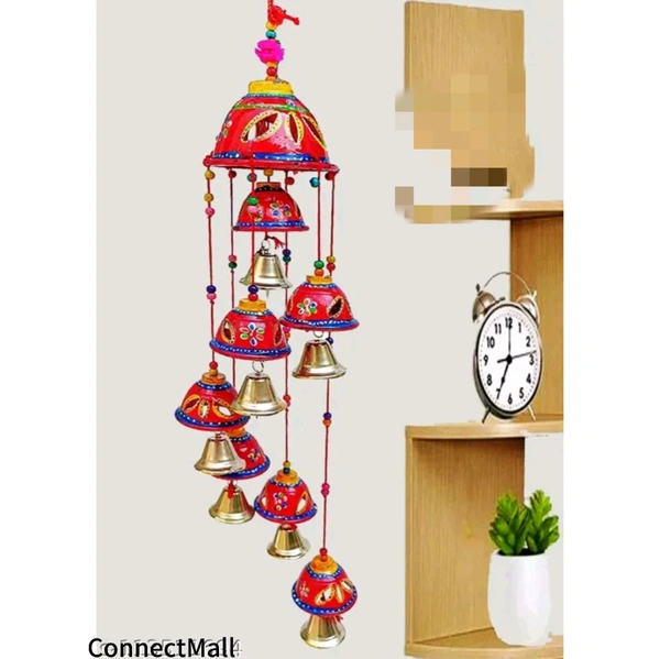 Handcrafted Rajasthani Wooden Wind Chimes With 7 Metal Bells For Indoor and Outdoor Hanging - Red, Round