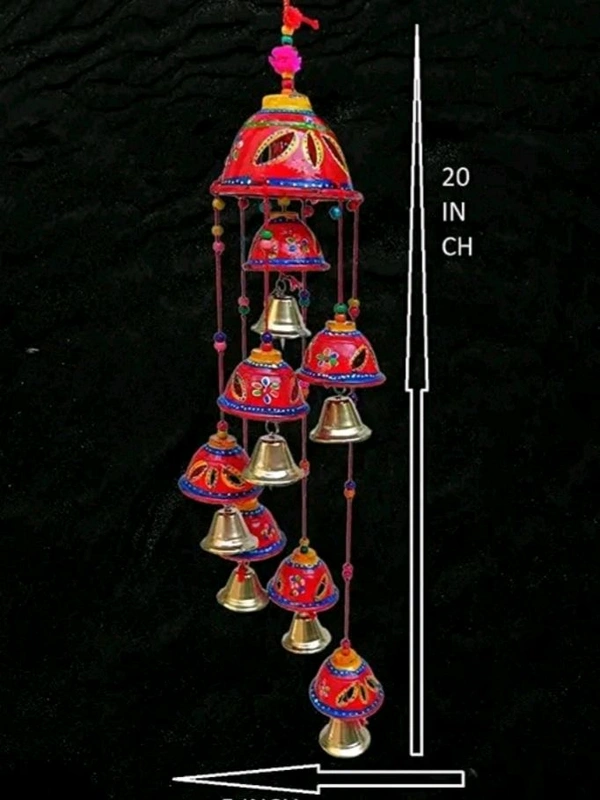 Handcrafted Rajasthani Wooden Wind Chimes With 7 Metal Bells For Indoor and Outdoor Hanging - Red, Round