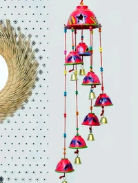 Handcrafted Rajasthani Wooden Wind Chimes With 7 Metal Bells For Indoor and Outdoor Hanging - Red, Round