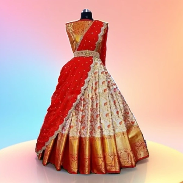 Kanjivaram Silk Zari Weaving Unstitched women's Lahenga Choli Dupatta 3 Pieces Sets For Set For Wedding - Red, Unstiched, Kanjivaram Silk