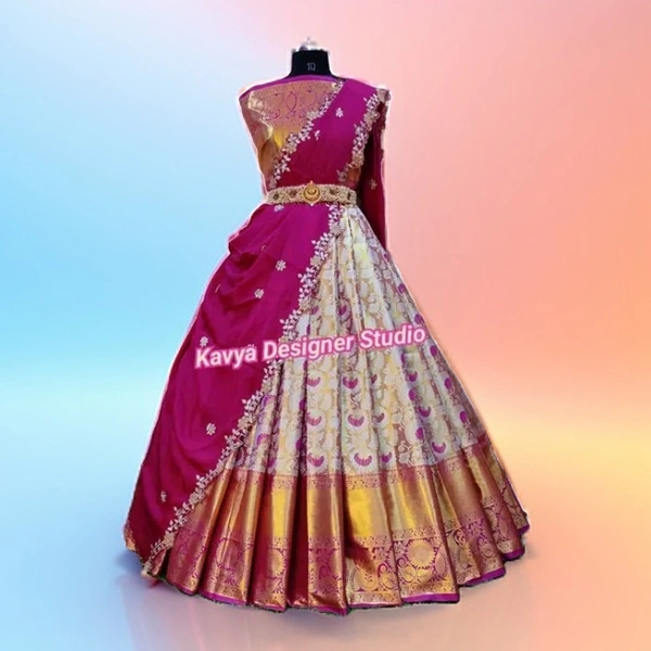 Kanjivaram Silk Zari Weaving Unstitched women's Lahenga Choli Dupatta 3 Pieces Sets For Set For Wedding - Pink Flamingo, Kanjivaram Silk, Unstiched