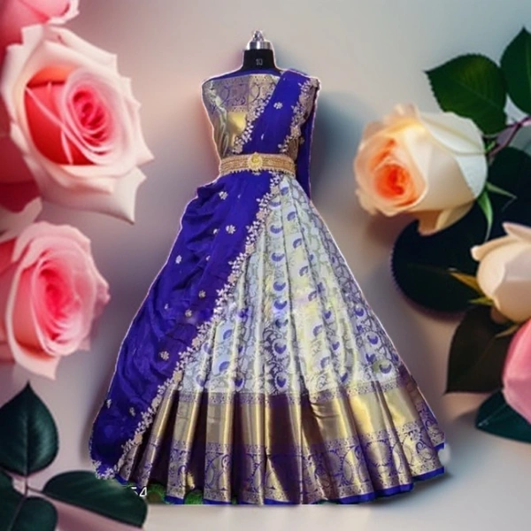 Kanjivaram Silk Zari Weaving Unstitched women's Lahenga Choli Dupatta 3 Pieces Sets For Set For Wedding - Blue, Kanjivaram Silk, Unstiched