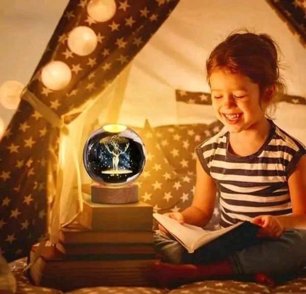 3D Crystal Ball Lamp Light with Wooden Base Perfect For Home Decor Kid's Gift (Galaxy Light) - Deer