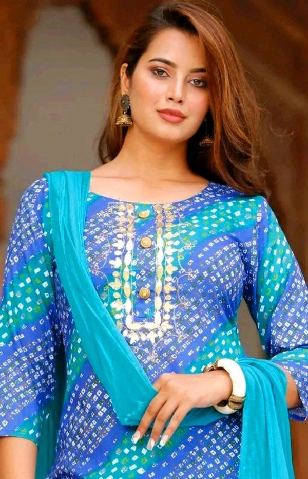 Women Lehriya Print Straight Kurta Palazzo With Dupatta - M, Turquoise