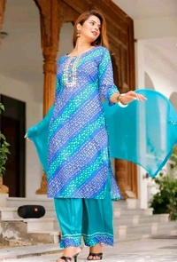 Women Lehriya Print Straight Kurta Palazzo With Dupatta - XXL, Turquoise