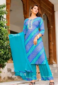 Women Lehriya Print Straight Kurta Palazzo With Dupatta - L, Turquoise