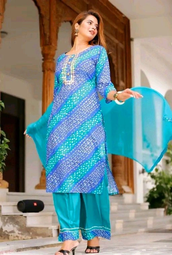 Women Lehriya Print Straight Kurta Palazzo With Dupatta - L, Turquoise
