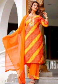 Women Lehriya Print Straight Kurta Palazzo With Dupatta - XL, Web Orange