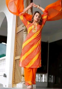 Women Lehriya Print Straight Kurta Palazzo With Dupatta - XL, Web Orange