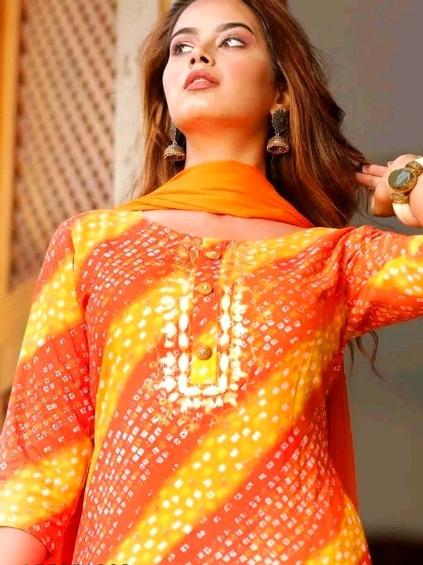 Women Lehriya Print Straight Kurta Palazzo With Dupatta - L, Web Orange
