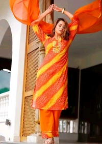 Women Lehriya Print Straight Kurta Palazzo With Dupatta - L, Web Orange