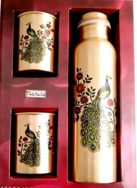 Seamless Peacock Printed 1lt Copper Water Bottle With Glass- Ayurvedic 100 % Pure Koper Water Storage. - 1 Glass WITH OUT BOX